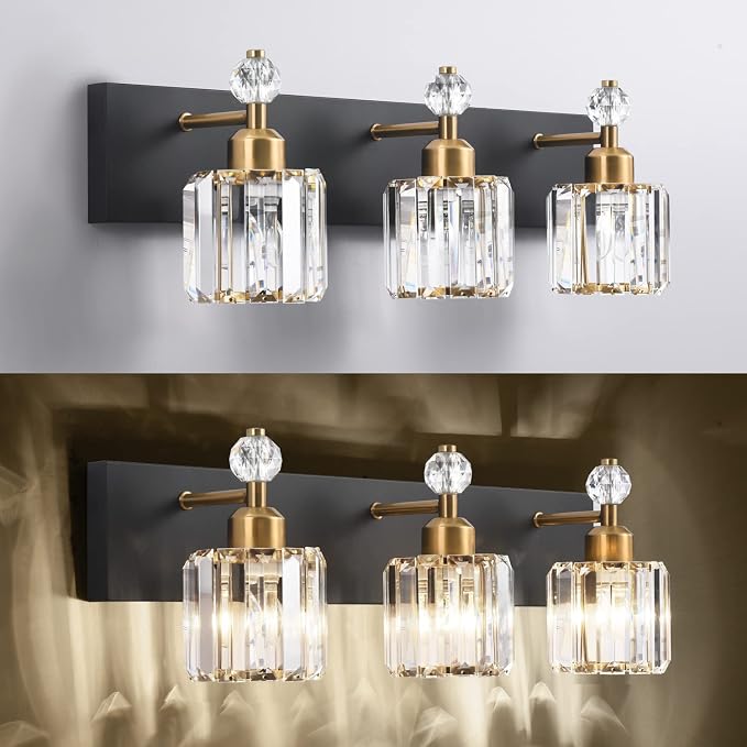 PRESDE Crystal 3 Light Bathroom Vanity Lights Black and Gold Bathroom Lights Fixtures Over Mirror Modern Bath Wall Lighting