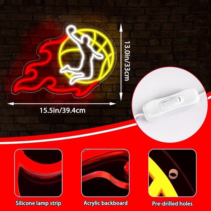 Slam Dunk Neon Sign for Wall Decor Basketball Led Neon Light for Man Cave | Dimmable LED Neon,Birthday Basketball Gifts,Led 5V USB Powered,Sport Bar,Court,Club Decor,Business Shop Wall Art,15.5*12.9in