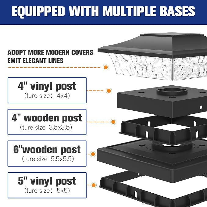 VOLISUN Solar Post Cap Lights, 2 Modes Outdoor Fence Lights (6 Pack, Black) | Fits 4x4/6x6 wooden & vinyl posts, warm white, waterproof durable ABS shell lens for patio, garden, backyard fence decoration