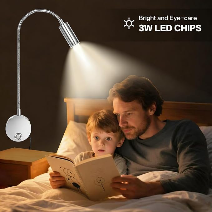 Reading Light for Bed, Wall Mounted Reading Lights with 15" Flexible Gooseneck, Touch Control, 3 Colors Temperature and Stepless Dimmable, Plug in Headboard Book Light - Silver(2 Pack)