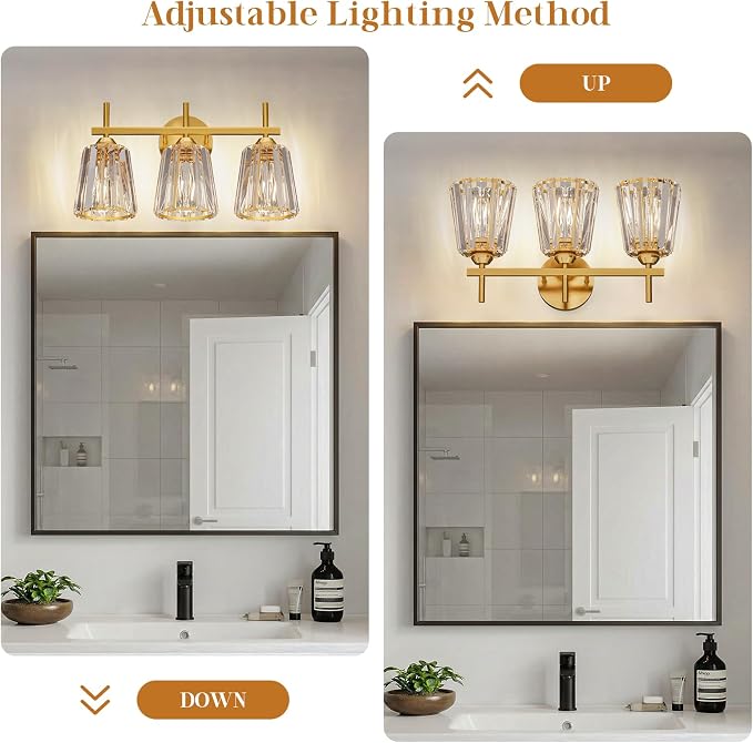 Crystal Bathroom Light Fixtures Over Mirror, Gold 3-Light Bathroom Vanity Lights Over Mirror Modern Wall Lighting Sconces with Ceramic E26 Base (Bulbs Not Include)