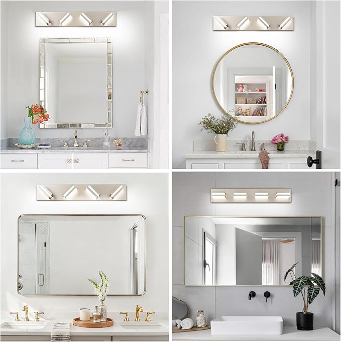 Bathroom Lights Fixtures Over Mirror, 360°Rotate Modern LED Vanity Lights for Bathroom, 32W Dimmable & High CRI Acrylic Wall Lighting, No Assembly Required (Brushed Nickel, 4-Light, 24 Inch)