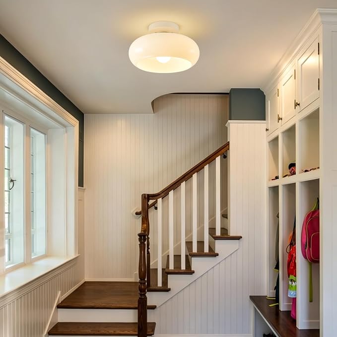WOKNOS Mid-Century Modern Cream White Semi Flush Ceiling Light 11.0 Inch | Small Glass Shade Close to Ceiling Lighting Fixture Kitchen Entryway Hallway Bathroom Closet Bedroom Laundry Room