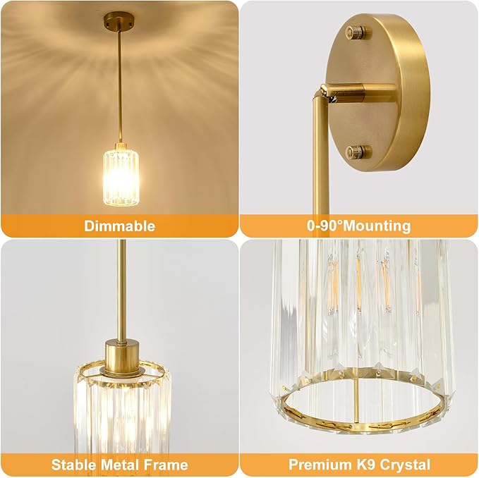 2 Pack Gold Pendant Lights for Kitchen Island, Modern Crystal Kitchen Hanging Light Fixtures, Mini Crystal Pendant Lights for Kitchen, Dining Room, Hallway, Foyer, Entryways