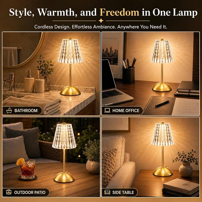 Cordless Gold Table Lamp Rechargeable Touch Desk Lamp with 3 Color Temps | Small Dimmable Table Lamp With Crystal - Battery Operated Nightstand Lamp for Bedroom/Dining Table/Restaurant/Kitchen/Bar