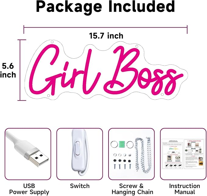 Girl Boss Neon Pink USB Led Light Up Sign for Girls Bedroom Home Wall Decor Female Office Dest Wall Art Sign Christmas Birthday Gifts, 15.7 x 5.9 Inch
