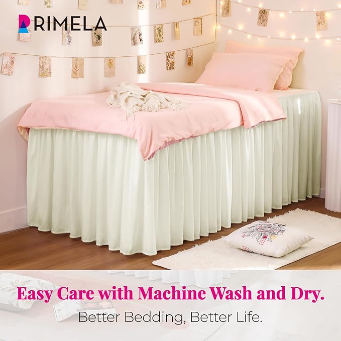 RIMELA Dorm Bed Skirt Twin XL 32 Inch Drop, Easy to Install Extra Long Wrap Around Elastic Dust Ruffle, Cream Bedskirt Solid Silky Fabric Machine Washable (Twin XL 80“L x 39”W & Twin 75“L x 39”W)