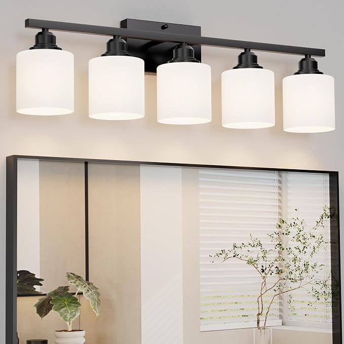 5-Light Bathroom Light Fixtures Over Mirror, Matte Black Vanity Lights, Modern Bathroom Vanity Light, Glass Shade & Anti-Rust Nickel Finished, Bathroom Light for Small Space