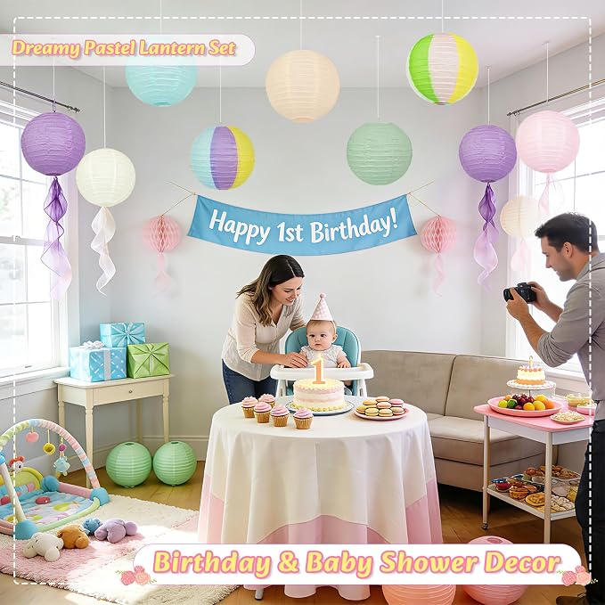 12 Pcs Pastel Paper Lanterns - 8" Hanging Round Paper Lanterns for Pastel Classroom Decor, Baby Shower Decorations, Birthday, Wedding Spring Party & Office Decor