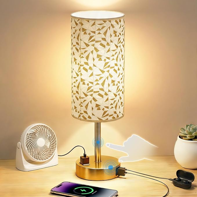 Table Lamp for Nightstand, High-Sensitivity Touch, 3-Level Dimmable Bedside Lamp with AC Outlet | USB | and USB-C, Ideal Night Stand Lamp for Bedroom, Reading, Living Room(Triangle&Gold)