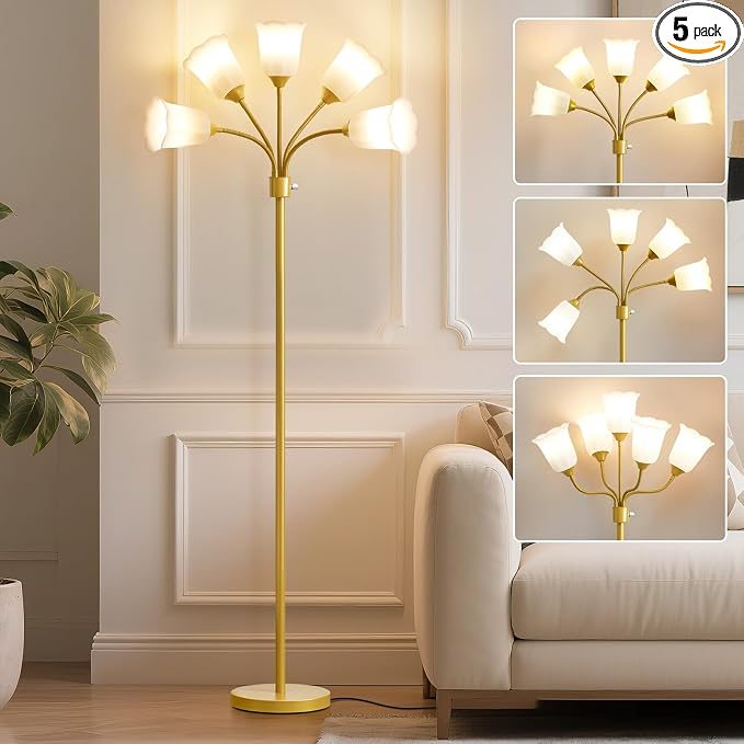 Medusa Floor Lamp, Multi Head Modern Tall Lamp with Adjustable Gooseneck Standing Gold Lamps for Living Room Kids Room&Bedroom-5 White Lampshades-Bulb Not Included