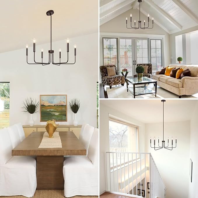 6-Light Farmhouse Chandelier for Dining Room Lighting Fixtures Hanging, Oil Rubbed Bronze Candle Chandelier Rustic Industrial Modern Chandelier for Living Room, Bedroom, Foyer, Kitchen