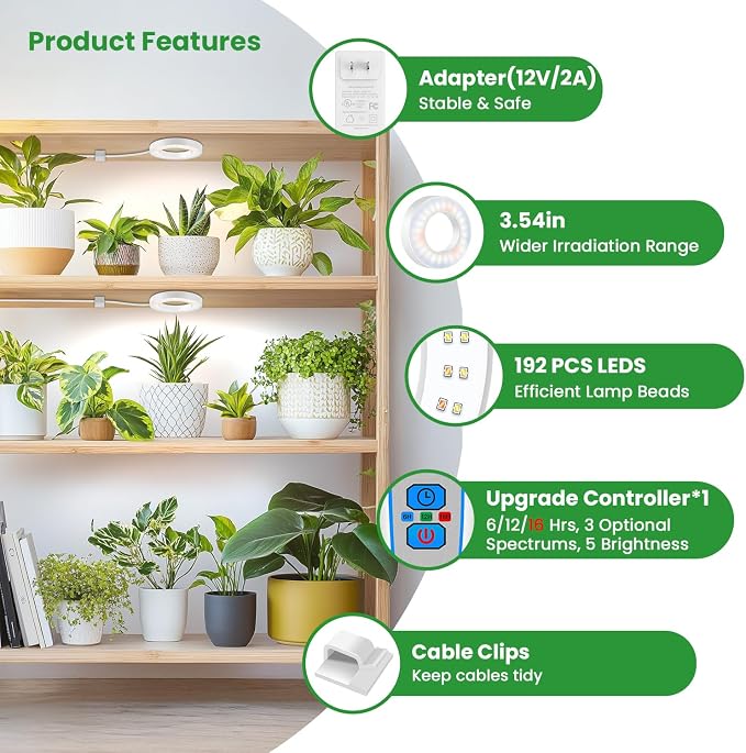 Wiaxulay 3.5in Grow Light, Full Spectrum Indoor Plant Growing Lamp 12V/2A | 4-Head White, 192 LED Plant Lights with 6/12/16H Timer, 3 Lighting Modes, 5 Brightness for Plant Shelf Under Cabinet