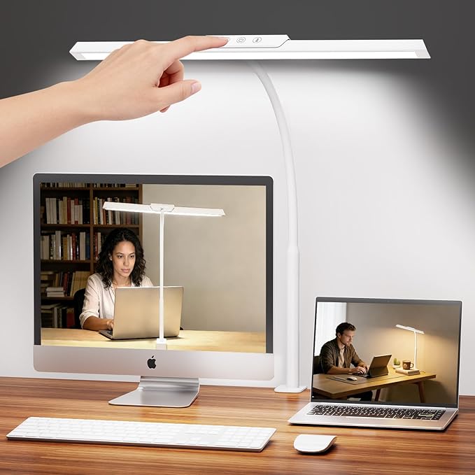 LED Desk Lamp for Office Home, Stepless Dimming Architect Desk Light with DC Adapter, Eye-Caring Desk Lamp with Clamp, 25 Lighting Modes Adjustable 12.8in Flexible Gooseneck for Workbench(White)
