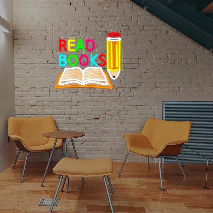 Read Books Neon Sign Printed Pencil and Book Neon Light for Wall Decor | USB Dimmable Read LED Neon Signs for Classroom Reading Room Bookstore Library Bedroom Study Room Bookish Decoration for Teens