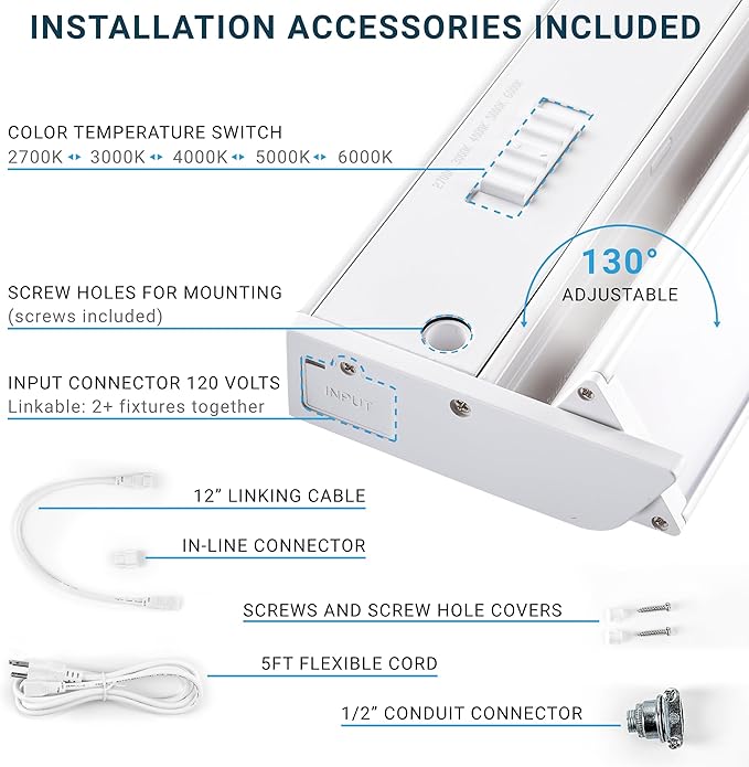 PARMIDA LED Swivel Under Cabinet Lighting, Hardwired or Plug-in Installation, 10 Inch, 7W, 5CCT Color Selectable - 2700K/3000K/4000K/5000K/6000K, Rotatable Lens, Dimmable, Linkable, 120V, 560LM, ETL