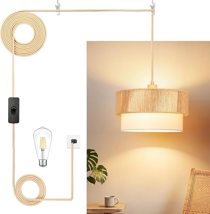 Qingmiao Boho Plug in Pendant Light, Handwoven Shade, 3 Way Bulb, 14ft Cord | Rattan Hanging Lamp Plug in, Dimmable Hanging Light Fixture for Living Room Bedroom Kitchen Ceiling Farmhouse Home Decor