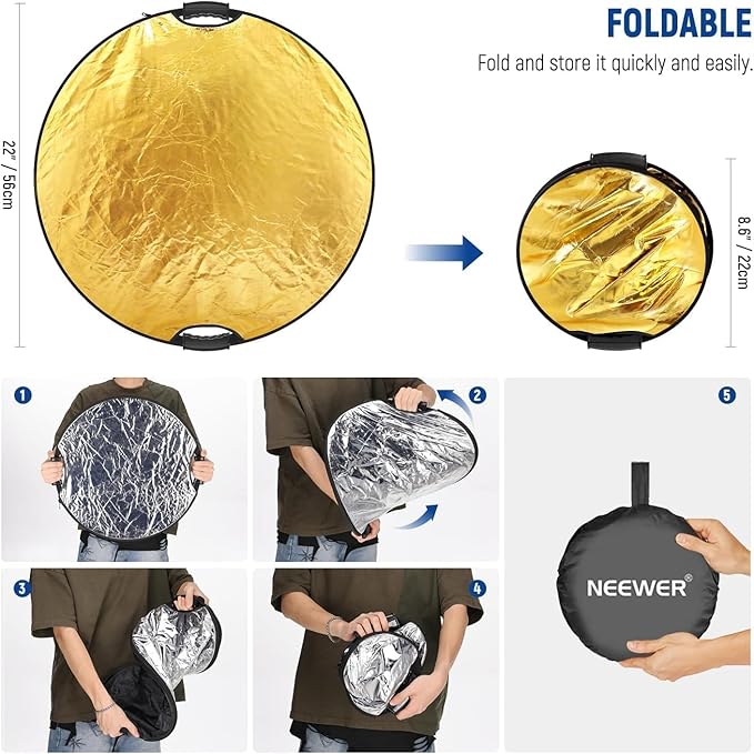 NEEWER 22"/56cm Light Reflector with Clamp & Hand Grips, 5 in 1 Collapsible Multi Disc Photography Reflector Translucent/Silver/Gold/White/Black with 3/8" Thread for Studio Outdoor Lighting, RF-56II | Polyester, Multi Disc Photography Diffuser, Translu...