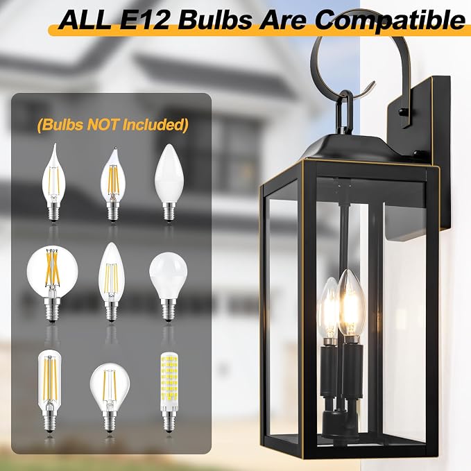 19" Large Outdoor Wall Lights Modern Front Porch Lantern Wall Mount 2-Light | Waterproof Classic Outdoor Light Fixture with Clear Glass, Farmhouse Exterior Lights for House, Black with Gold Trim, 1-Pack