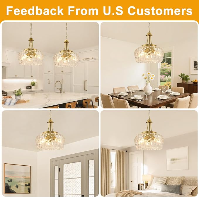 Modern Pendant Lights Kitchen Island, 3-Light Gold Pendant Light Fixtures with 14.2" Clear Hammered Glass Shade, Industrial Hanging Pendant Lights Fixture for Kitchen Island, Dining Room, Entryway
