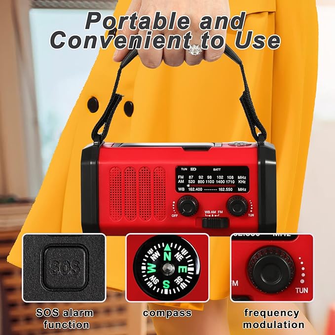 Weather Radio, Emergency Crank Radio AM/FM/NOAA Solar/Hand Crank/USB Charging,10000mAh /37000mWh Rechargeable Battery, Flashligh Cell Phone Charger for Hurricanes Camping & Home Emergencies
