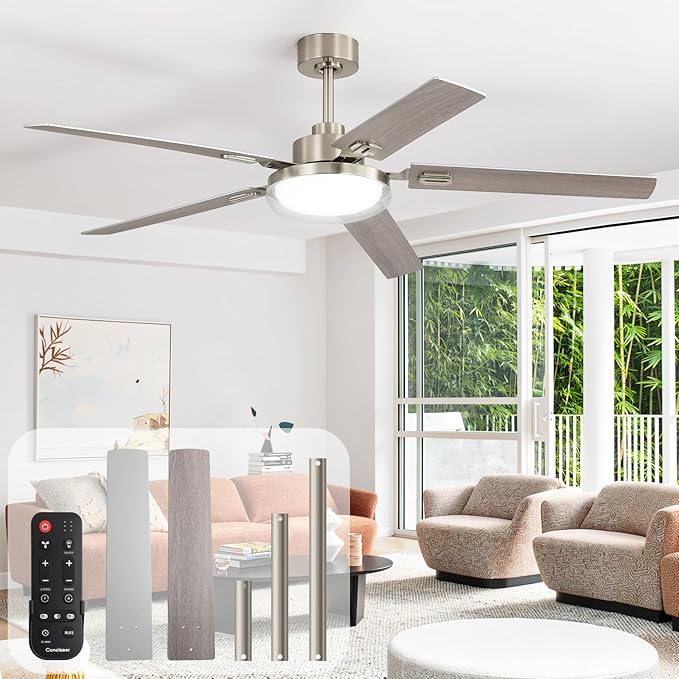60 Inch Ceiling Fans with Lights and Remote, Living Room Office Industrial, 5CCT Dimmable, Dual Color 5 Blades, 6 Speed Reversible Quiet DC Motor, Double-Layer Lampshade, Sand-nickel/Wood Grain