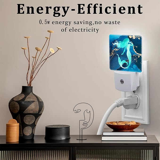 Watercolor Turquoise Mermaid Night Light for Kids,Navy Blue Golden Marble Night Light Plug in with Dusk to Dawn Sensor,0.5w Energy Saving Nightlight for Hallway Stairway Kitchen Bedroom