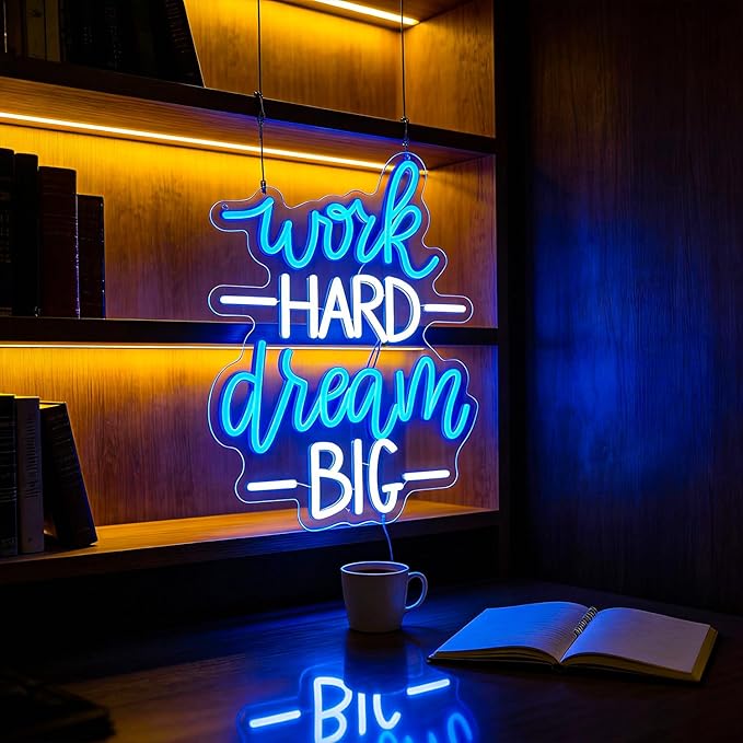 Whfobfe Work Hard Dream Big Neon Sign Led Office Decor Neon Lights Signs for Wall Decor USB Powered Led for Room Decoration Home Game Room Bar Party