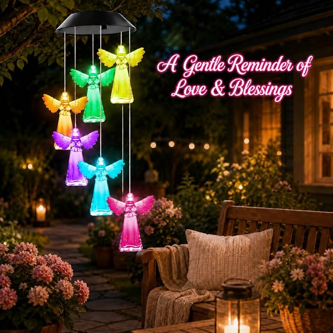 Winzwon Angel Solar Wind Chimes for Outside, Memorial Garden Decorations | Christian Gifts for Women, Mom, Grandma, Sister, Memorial Gifts for Loss of Loved One, Solar Lights Outdoor Yard Decor