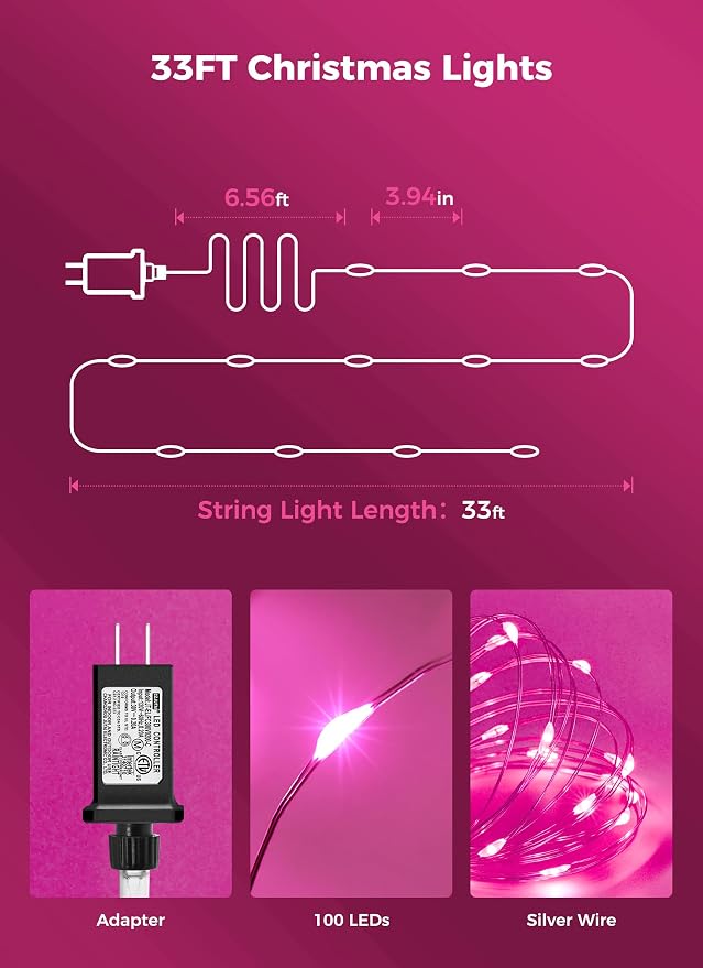 Pink Fairy Lights Plug in, 33Ft 100 LEDs Waterproof Silver Wire Firefly Valentine's Lights, Adaptor Included, Starry String Lights for Wedding Indoor Outdoor Patio Garden Valentine's Day Decoration