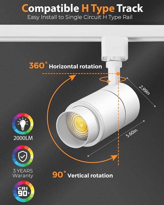 VANoopee 3-Color Zoomable 20W LED Track Lighting Heads H Type, White 6 Pack | Track Light Heads Dimmable Bright Ceiling Spotlight Fixtures Accent Art, 3000K 4000K 5000K Adjustable, CRI90+ 15°-60°, 2000lm