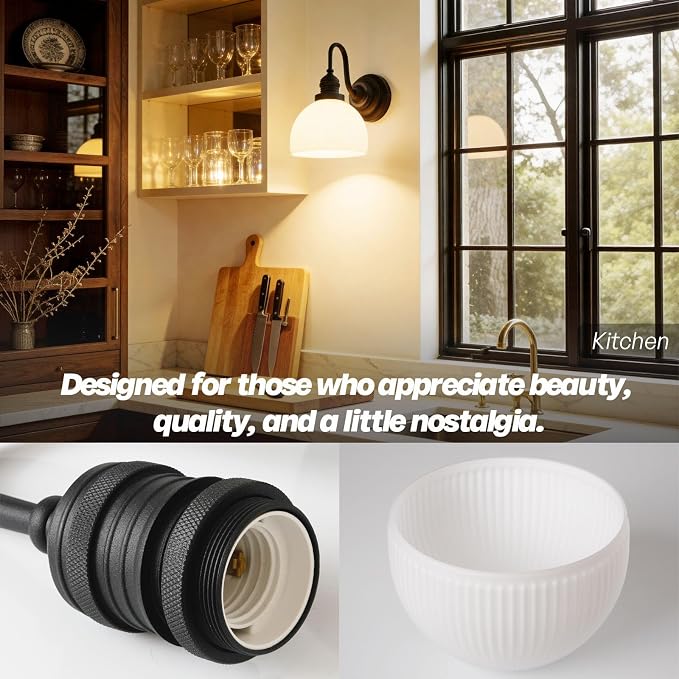 Black Wall Sconce Vintage Milk Glass Bathroom Vanity Light | Bathroom Light Fixtures,Matte Black,Thick Half-Round Glass Shade,Hardwired Only,E26 Base,for Bathroom Mirror Hallway