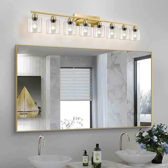 Modern Brushed Gold 8 Light Bathroom Light Fixtures, 52 inch Vanity Lights for Bathroom with Clear Glass, Bathroom Light Fixture for Mirror Kitchen Living Room Hallway Cabinet Porch