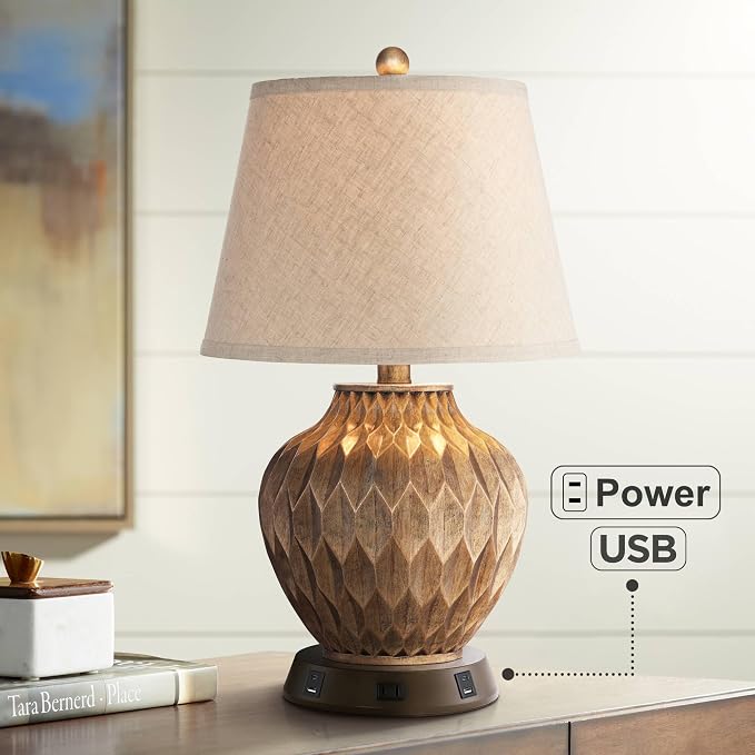 Buckhead 22" High Table Lamp Brown USB Workstation Base Warm Bronze Urn | Geometric Charging Ports and AC Power Outlet Living Room Bedroom Bedside Nightstand House Office Home Tapered Drum Shade