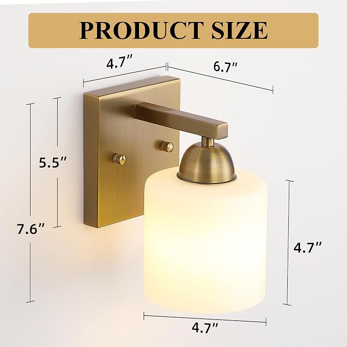 Mecgirn Brass Milk Glass Wall Sconces, 1 Pack Hardwired Indoor Wall Light Fixtures for Living Room, Hallway, Bedroom, Ceramic E26 Sockets (Bulbs Not Included)