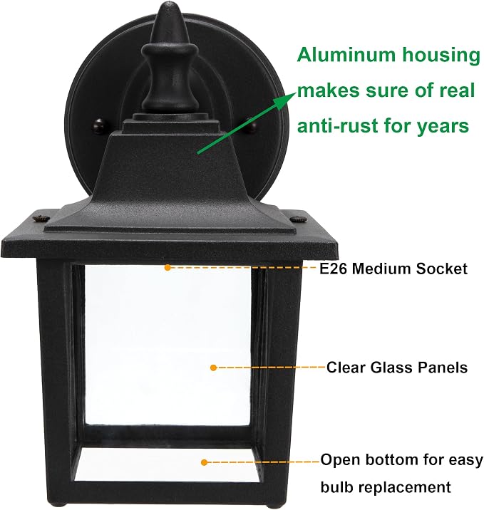 Outdoor Wall Light Fixture, Rustproof Aluminum, Glass | Exterior Porch Light Wall Sconce Lantern for House, Patio, Garage, Waterproof, E26 Socket 60W Max, Black, 1 Pack