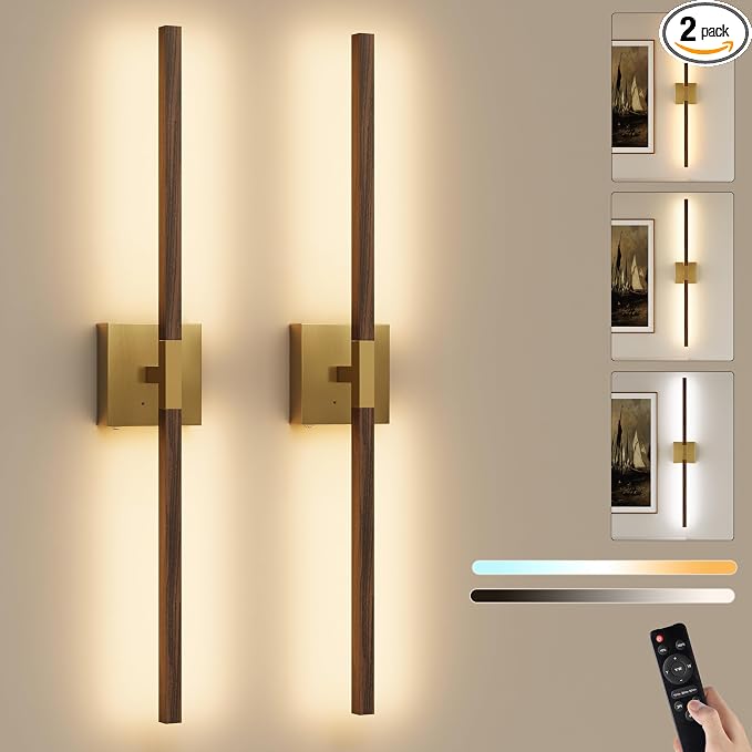 Rayogale Gold & Walnut Battery Operated Wall Sconce with Remote Control | 3000K-6000K Dimmable 8000mAh Wireless Rechargeable Wall Sconces Set of 2 with Timer for Living Room Bedroom Stairwell 32 Inch