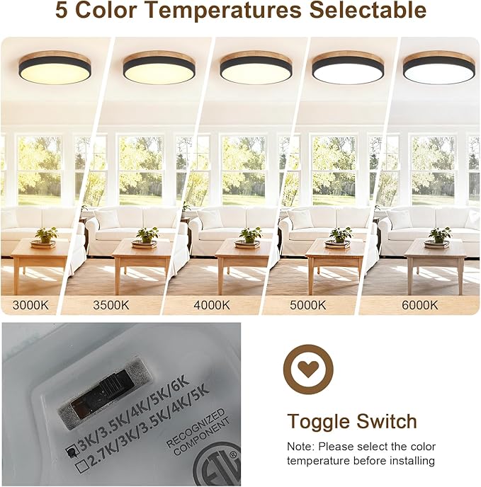 11.8 inch Wood Led Flush Mount Ceiling Light, Dimmable, 5CCT 3000K-6000K Selectable, 36W, 3600LM, Round Modern White Light Fixture Ceiling Mount for Bedroom, Laundry Room,Kitchen, Hallway, Black