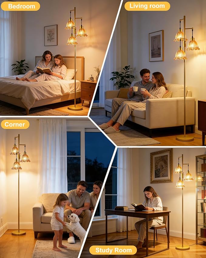 Lightdot Glass Floor Lamps for Living Room, 3-Light Dimmable Floor Lamp with Amber Glass Shade& E12 Bulbs Included, Mid Century Standing Tall Lamp with 5Lbs Heavy Base for Bedroom/Sofa Beside-Gold