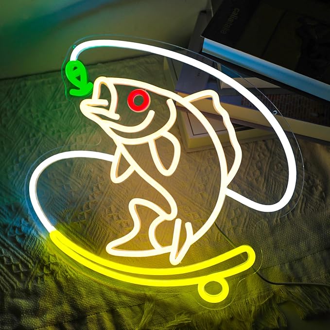 Fishing Neon Sign, Dimmable Fish LED Neon Lights for Wall Decor, USB Powered Fishing Hook Neon Lights for Man Cave, Cabin, Living Room, Fishermen Gifts (14.6 x 13.3 in)