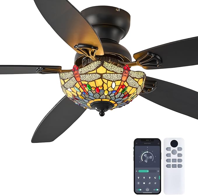 Tiffany Ceiling Fans with Lights-52"Ceiling Fan Chandelier and Glass Shade | 52" Ceiling Fan Chandelier with 5 Dual-Blades and Glass Shade, 6 Speeds and Reversible, Indoor and Outdoor, Retro Style