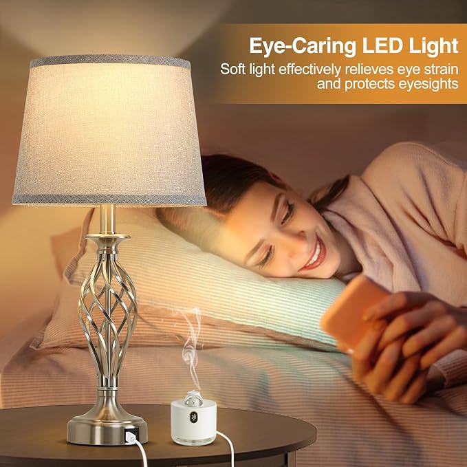 Nightstand Table Lamps for Bedrooms Set of 2 with USB C+A, Bedside Lamps with Spiral Cage Base, Tall Living Room Lamps for End Tables, Modern Night Stand Lamps for Bed Side Guest Room Bulbs Included