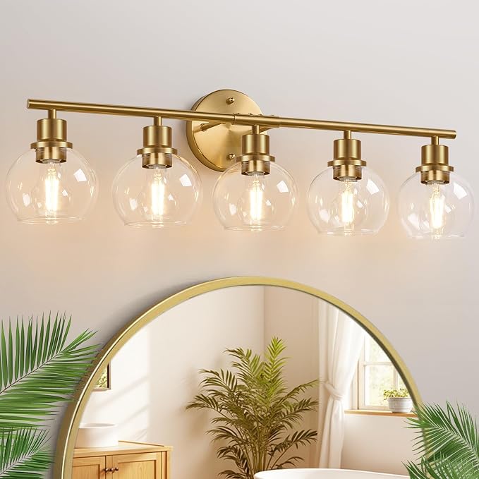 Indoi 5-Light Bathroom Light Fixture, Modern Brushed Gold Bathroom Lights Over Mirror with Clear Glass Globe Shades, Vanity Lighting Fixtures for Kitchen, Living Room, Hallway, Bedroom, Porch
