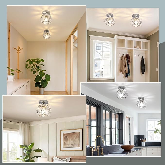 Hallway Light Fixtures Ceiling,Modern Chrome Crystal Ceiling Lights Fixture, Semi Flush Mount E26 Small Hallway Lighting Fixtures Ceiling Light for Porch Entryway Foyer Bathroom