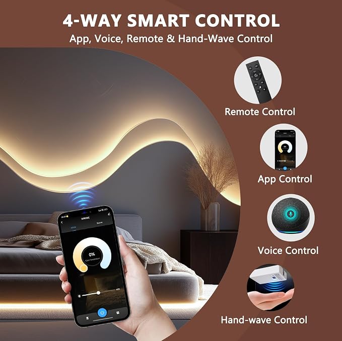 VST 16.4ft Smart Silicone Recessed LED Strip for Wood Slat Wall Panels, 24V | 2700K-6500K Tunable White, Alexa/App/RF Smart Control, Cut-to-Fit Continuous Strip with Quick Connectors for Custom Layouts