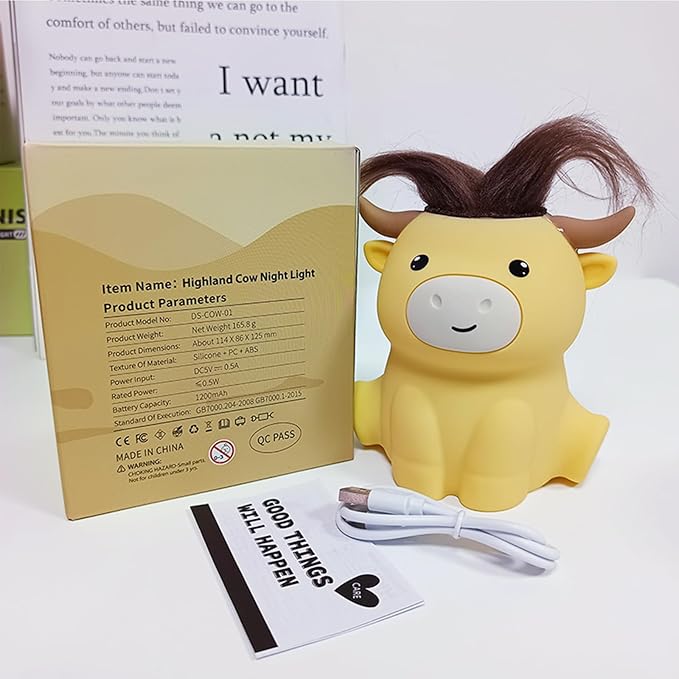 QANYI Highland Cow Night Light, Rechargeable and Dimmable Farm Animal Highland Cattle Lamp with Soft Touch,Valentines Highland Cow Decor Party Favors Cute Gifts for Adults Kids Boys Girls Women Men