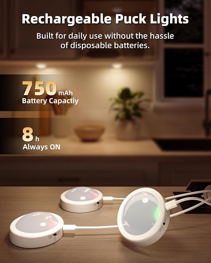 EZVALO 6-Pack RGB Rechargeable Puck Lights with Remote, Mini Under Cabinet Lighting, 2.95'' Tap Lights, 16 RGB Colors & 3 White Color Temps, Dimmable Stick-On Closet Lights for Kitchen, Shelf