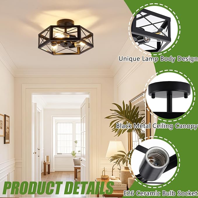 3-Light Semi Flush Mount Ceiling Light, Kitchen Lighting Fixtures Ceiling, Black Dining Room Light Fixtures, Farmhouse Close to Ceiling Lights with Hexagon Cage for Bedroom Hallway Foyer