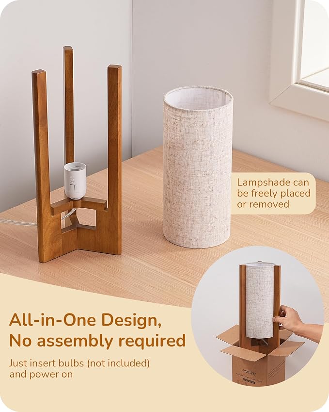 EDISHINE 13.5" Small Table Lamp, Walnut Wood Cylinder Nightstand Lamp, E26 | Beige Linen Shade, On-Off Line Switch, Three-Sided Base, Corner Modern Bedside Lamp for Living Room, Bedroom