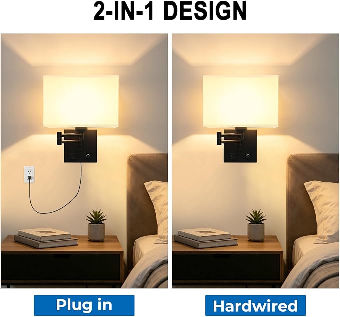 Plug in Wall Lamp for Living Room Bedroom Bedside, Bulb Included | Wall Sconce with USB C+A Charging Ports, Adjustable Swing Arm 270°, Adjustable Color Temperature, White Square Lampshade